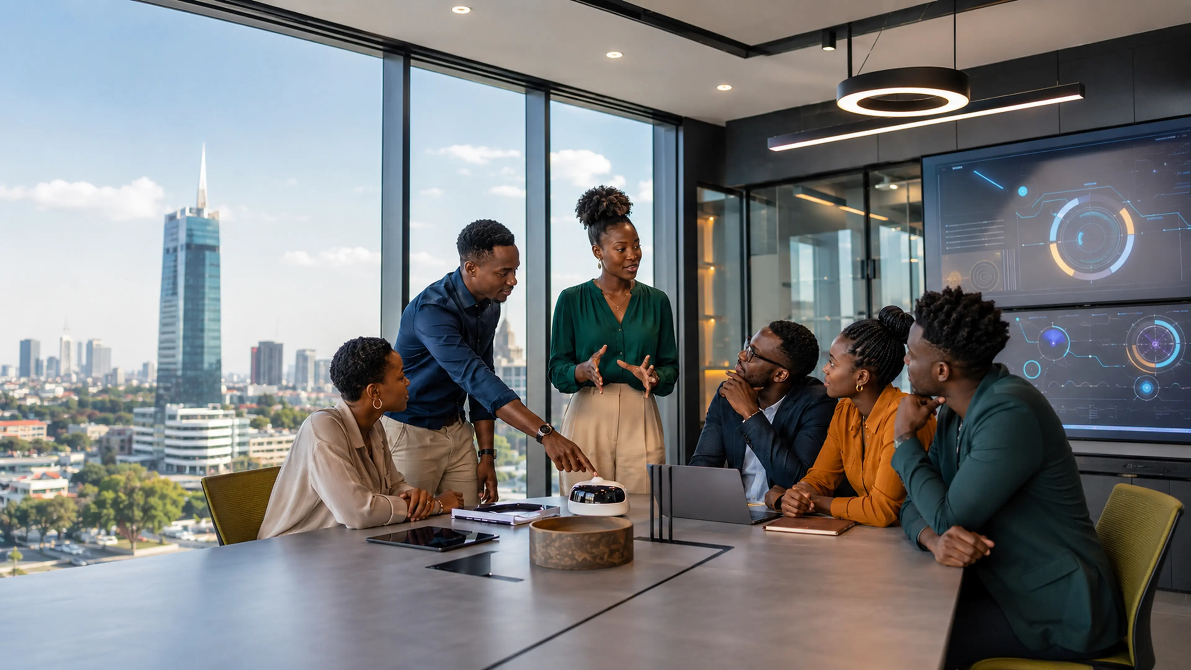 Gender-balanced African young founders presenting and developing an idea in a modern innovation hub