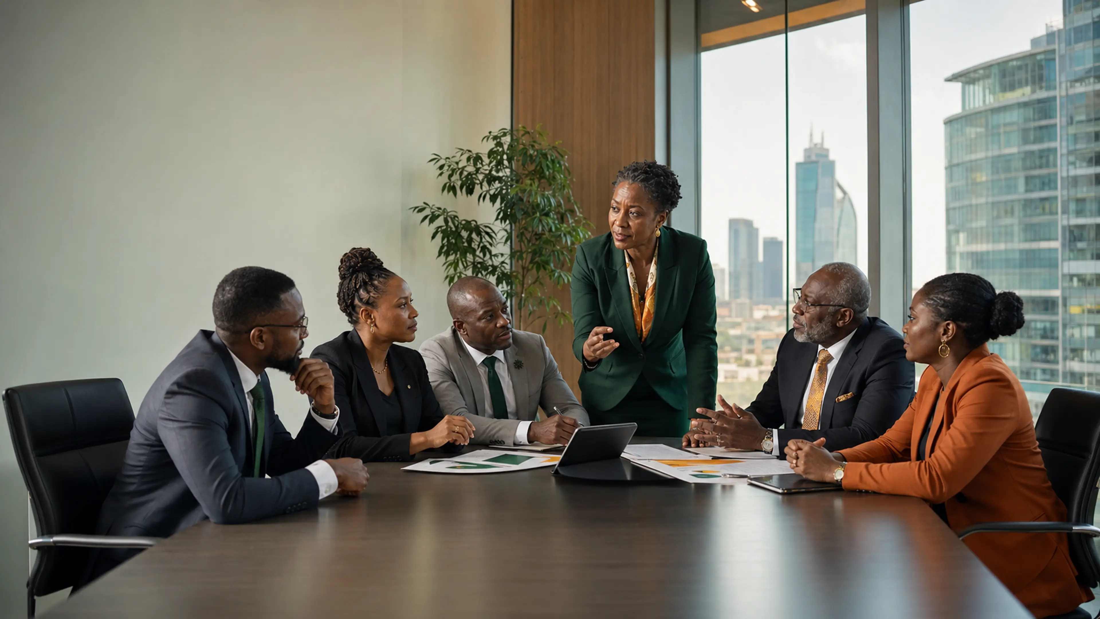 Senior and mid-career African professionals conducting a strategic leadership discussion in a modern boardroom